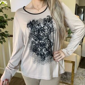 Gerry Weber Vintage Long Sleeves Round Neck Embroidered Front Top Shirt Tan L